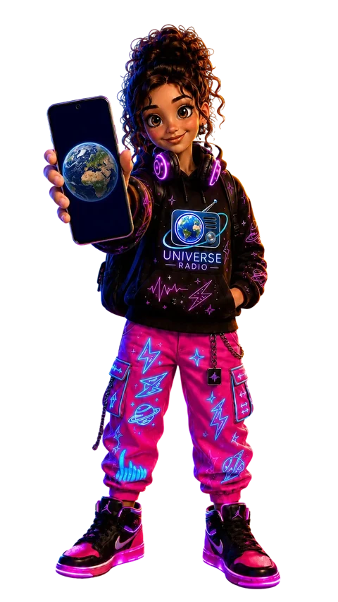 Mascotte di Universe Radio che mostra uno smartphone con il pianeta Terra sul display