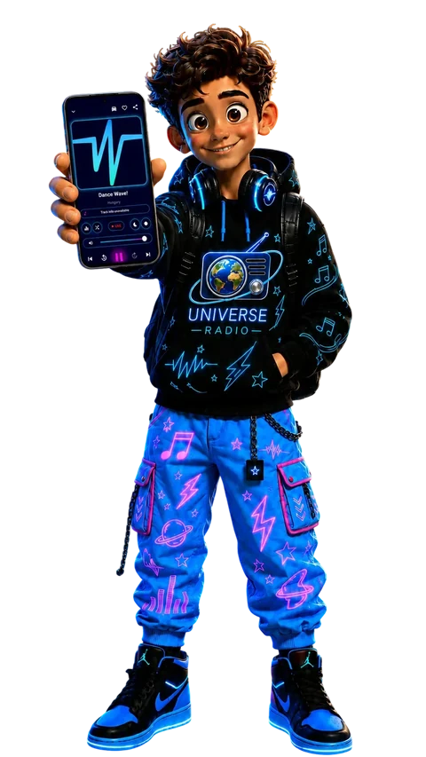 Personaggio Universe Radio che mostra il player dell’app sullo smartphone