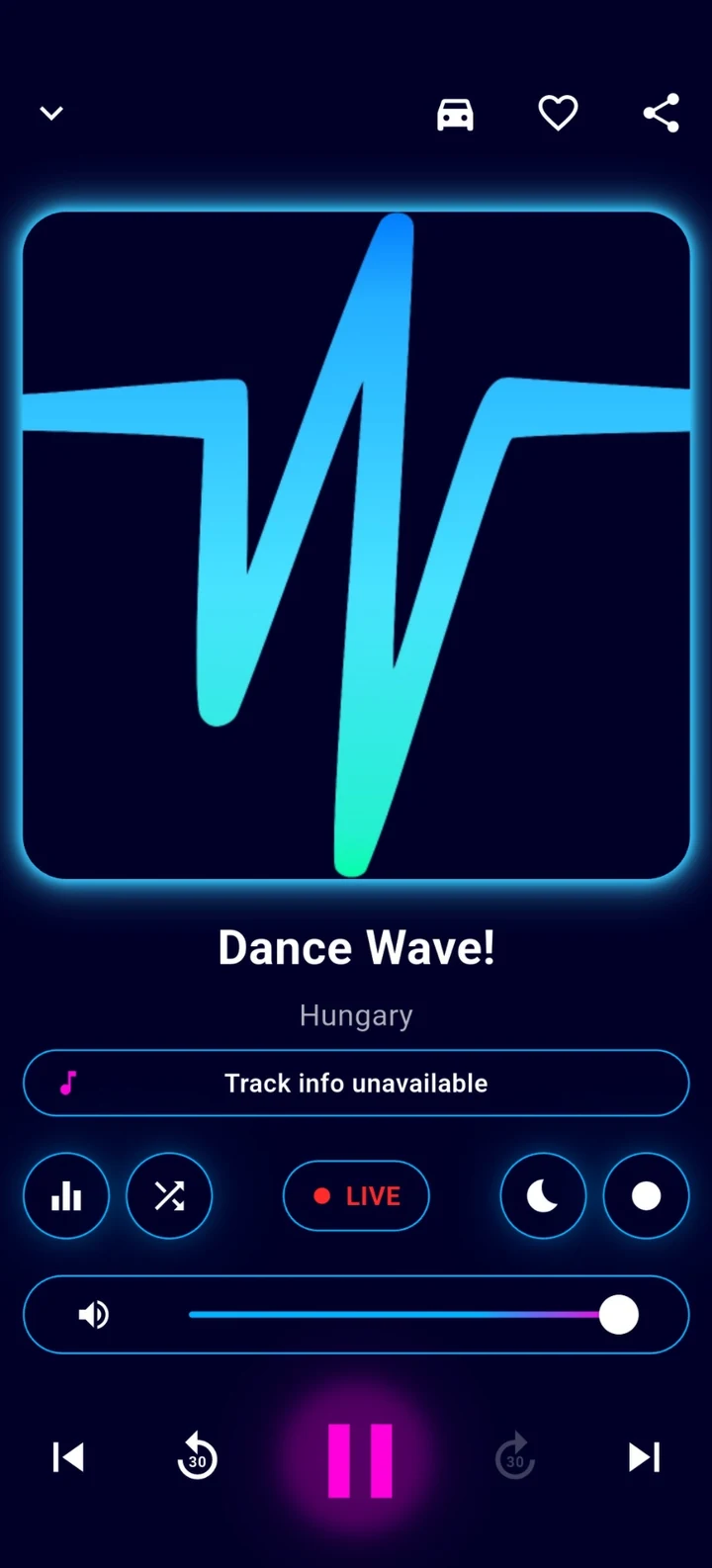 Universe Radio App-Bildschirm mit Senderliste im dunklen Design
