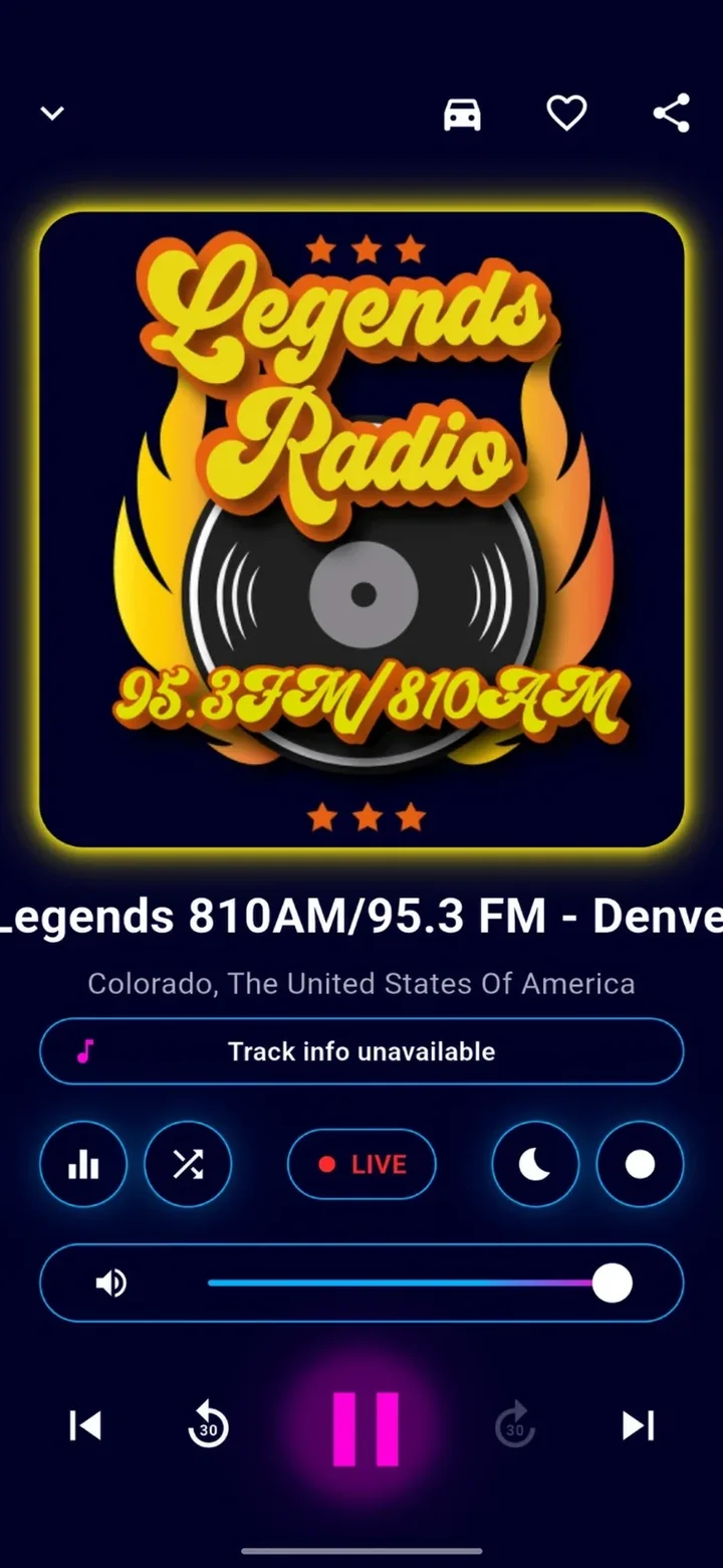 Schermata del player completo di Universe Radio nel tema scuro