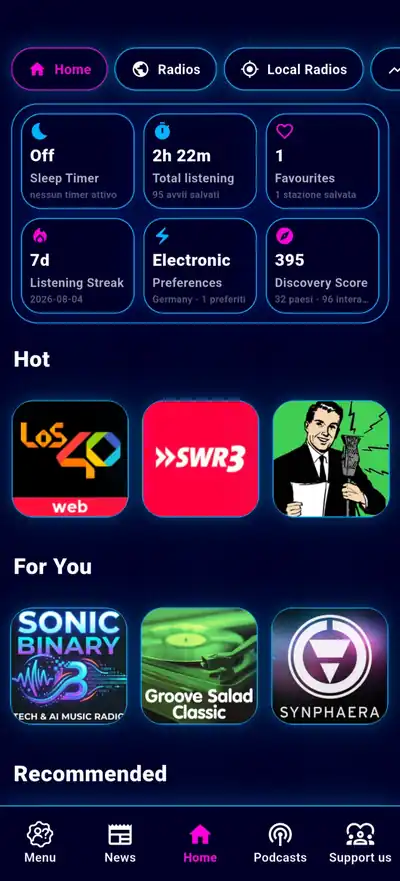 Universe Radio App-Bildschirm mit Senderliste im dunklen Design