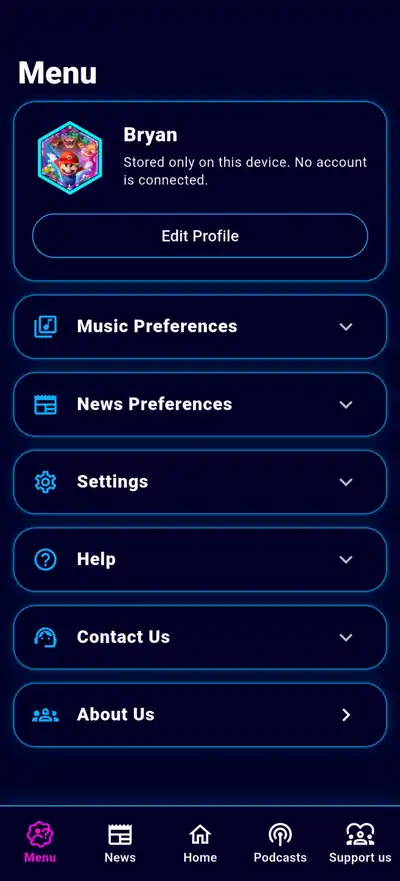 Universe Radio App-Bildschirm mit Senderliste im dunklen Design